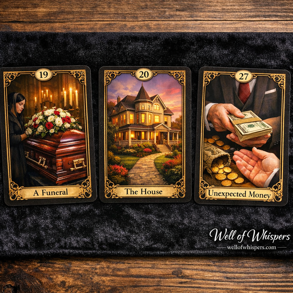 Three ornate tarot cards are displayed, depicting a funeral, a house, and unexpected money.