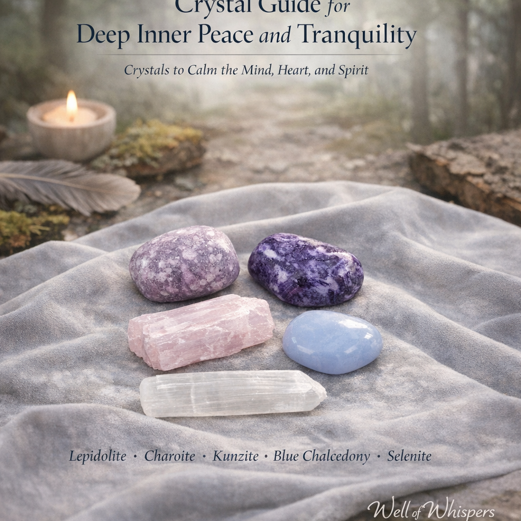 Various crystals are displayed on a stone surface, accompanied by text about a guide to deep inner peace and tranquility.